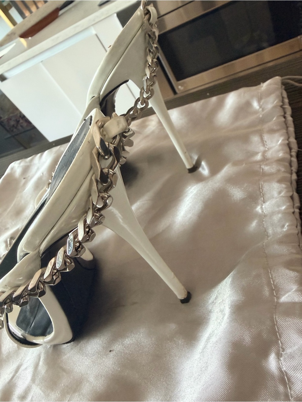 Giuseppe Zanotti White and Black Chain-Strap Stiletto Sandals - Picture 6 of 8